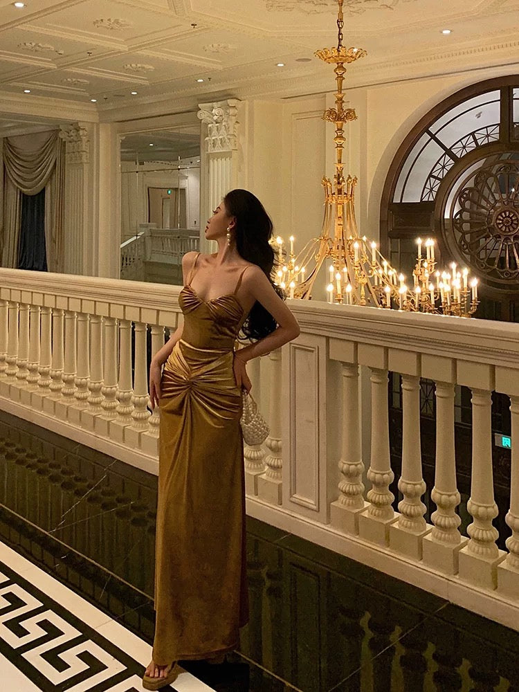 Sexy Mermaid Spaghetti Straps Gold Velvet Long Prom Dresses Birthday Outfits - View 5 | VelvetHem