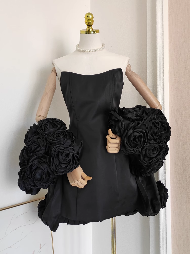 Cute A line Strapless Sleeveless Black Satin Party Dress Short Birthday Dresses With Cape - VelvetHem