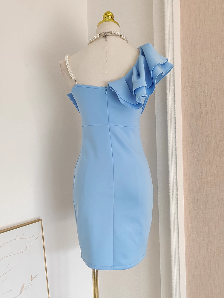 Cute Sheath One Shoulder One Shoulder Blue Cocktail Dress Short Birthday Outfits - View 2 | VelvetHem