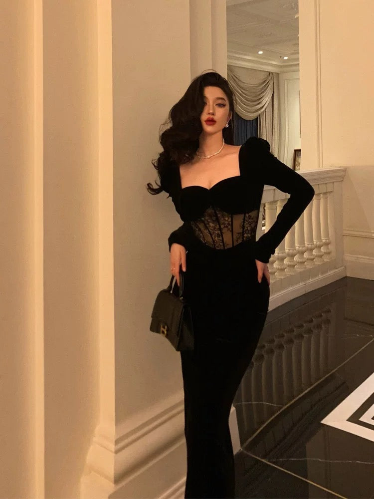 Sexy Sheath Sweetheart Velvet Black Long Sleeves Prom Dresses Evening Dress - View 4 | VelvetHem