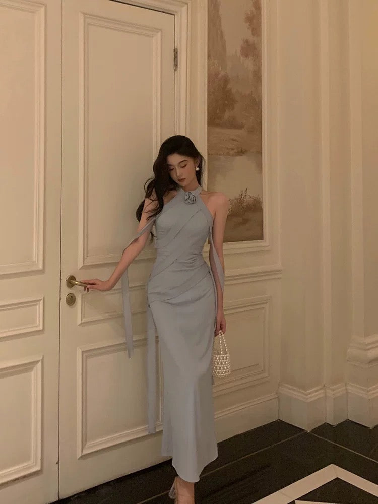 Sexy Sheath High Neckline Dusty Blue Satin Flowers Long Prom Dresses Evening Dress - View 4 | VelvetHem