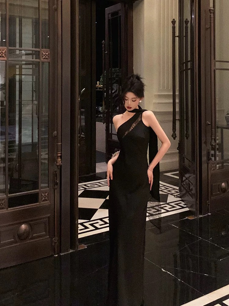 Sexy A Line One Shoulder Black Floor Length Prom Dresses Birthday Dress - View 4 | VelvetHem