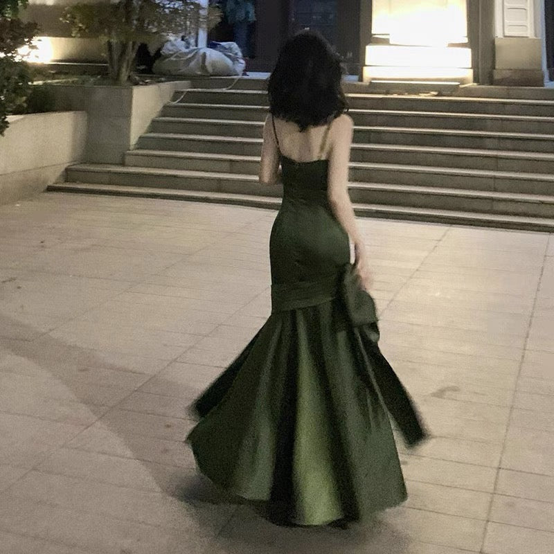 Simple Sheath Spaghetti Straps Floor Length Olive Green Satin Party Dresses Birthday Outfits - View 4 | VelvetHem
