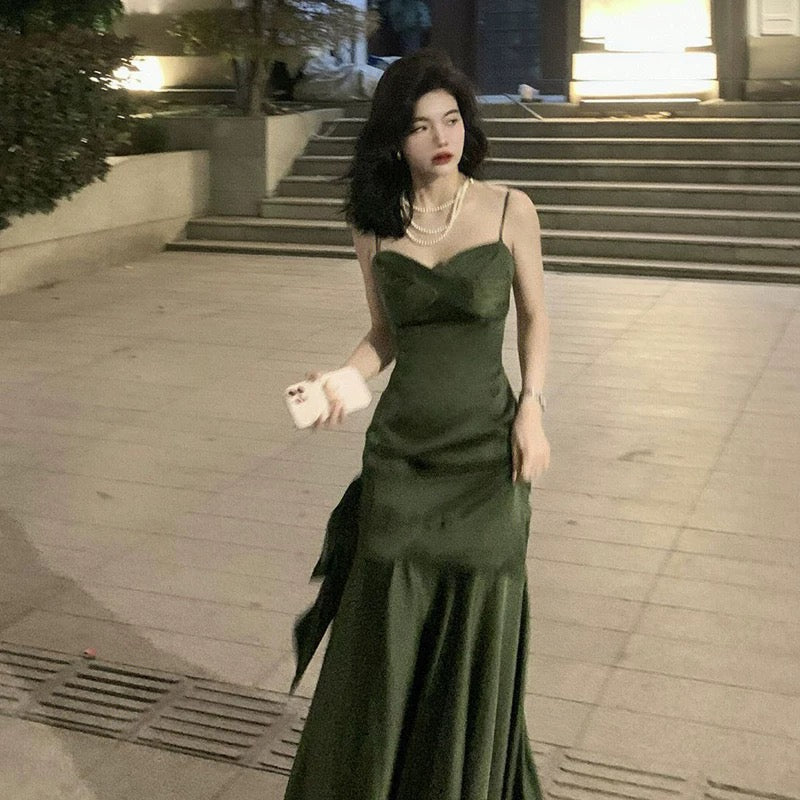 Simple Sheath Spaghetti Straps Floor Length Olive Green Satin Party Dresses Birthday Outfits - View 3 | VelvetHem