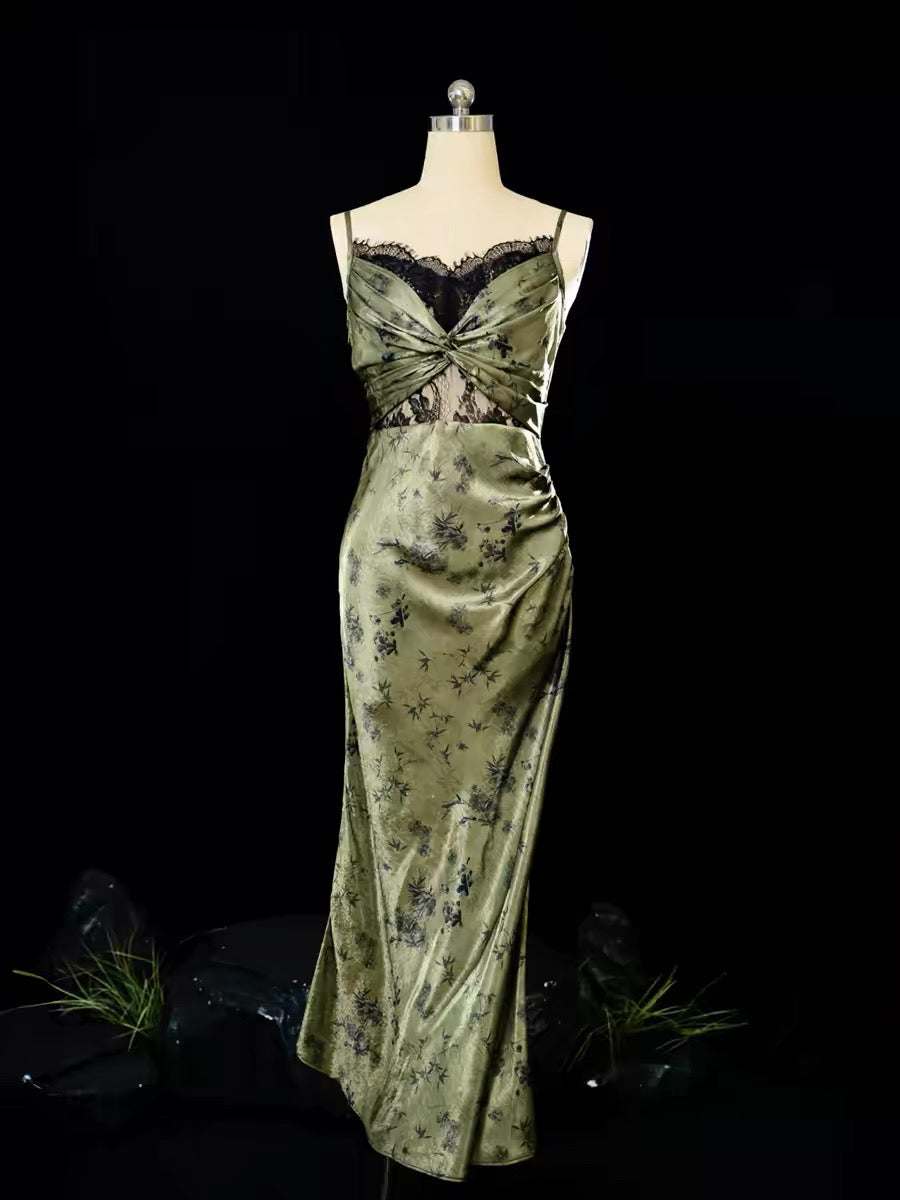 Vintage Sheath Spaghetti Straps Green Lace Ankle Length Prom Dresses Birthday Outfits - View 4 | VelvetHem