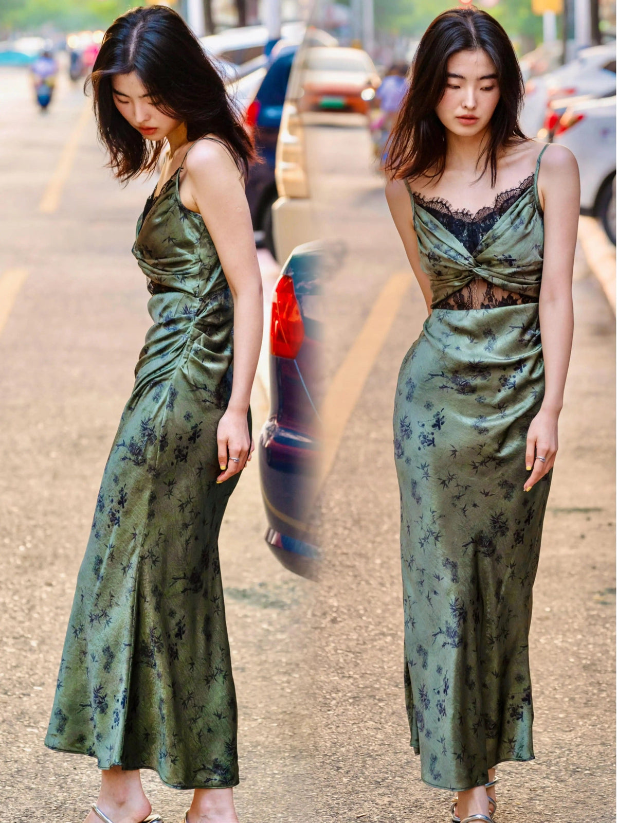 Vintage Sheath Spaghetti Straps Green Lace Ankle Length Prom Dresses Birthday Outfits - View 6 | VelvetHem