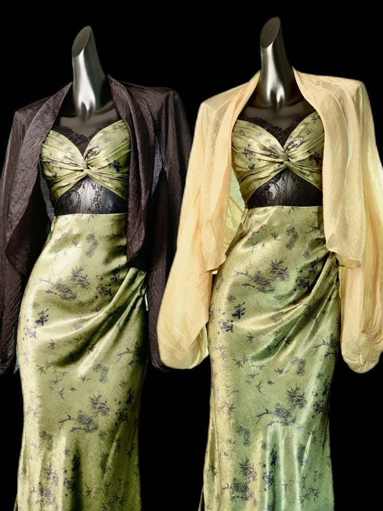 Vintage Sheath Spaghetti Straps Green Lace Ankle Length Prom Dresses Birthday Outfits - View 2 | VelvetHem