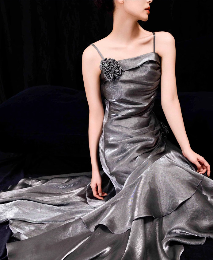 French Mermaid Spaghetti Straps Ruffles Silver Gray Prom Dresses Long Birthday Outfits - View 5 | VelvetHem