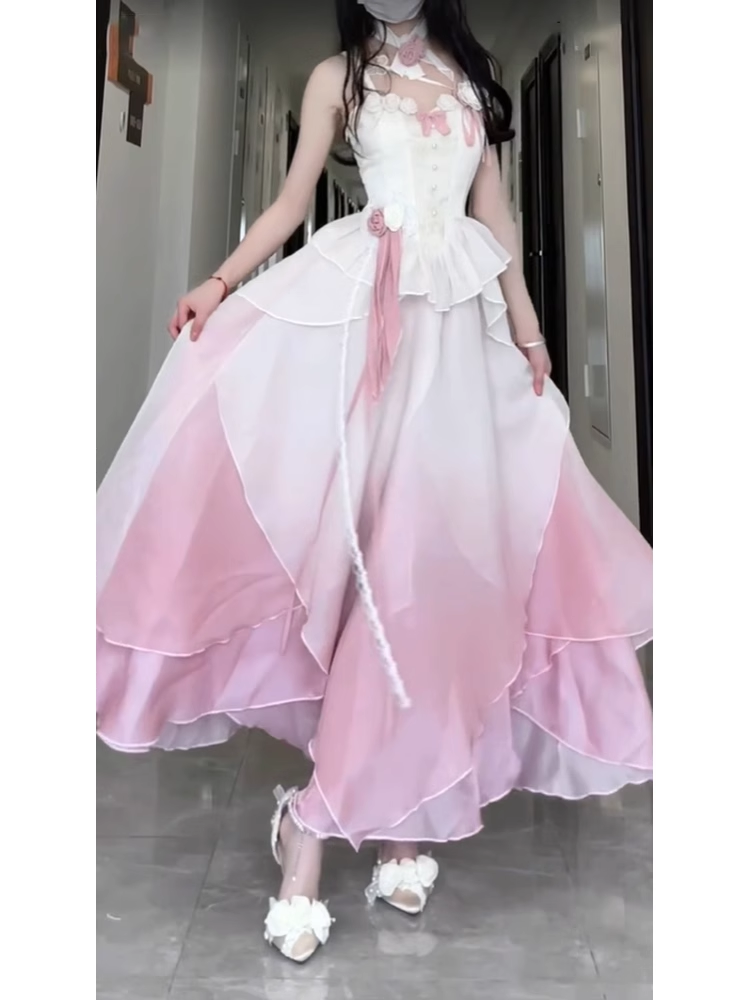 Sexy A line Straps Ombre Pink Chiffon Party Prom Dresses Birthday Outfits - View 2 | VelvetHem