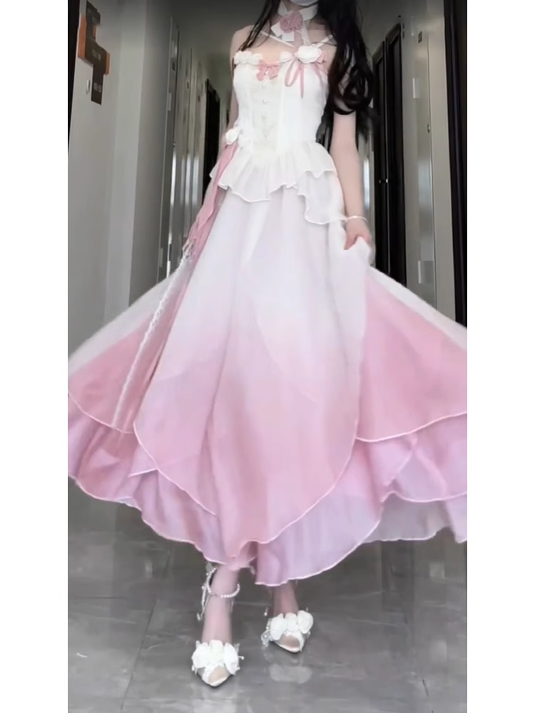 Sexy A line Straps Ombre Pink Chiffon Party Prom Dresses Birthday Outfits - View 3 | VelvetHem