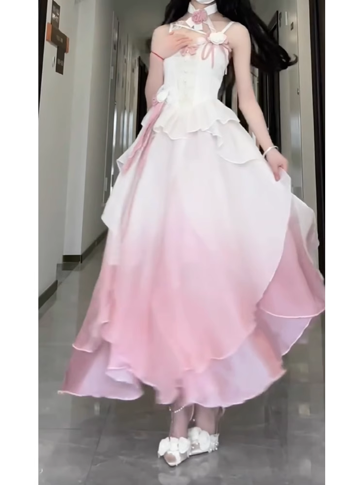 Sexy A line Straps Ombre Pink Chiffon Party Prom Dresses Birthday Outfits - View 4 | VelvetHem