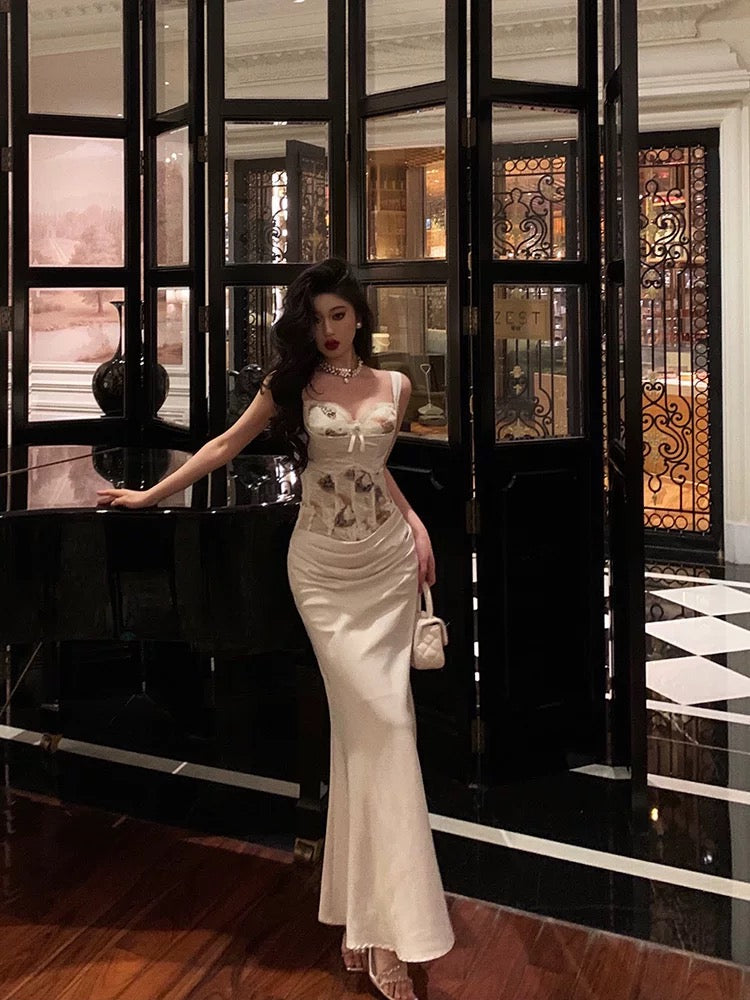 Sexy Mermaid Sweetheart Straps White Floral Long Satin Prom Dresses Birthday Outfits - View 3 | VelvetHem
