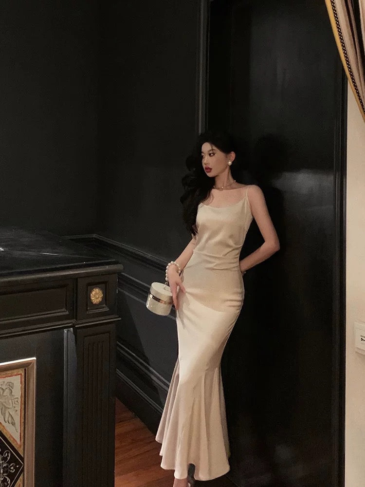 Sexy Mermaid Spaghetti Straps Mid Length Satin Prom Dresses Birthday Outfits