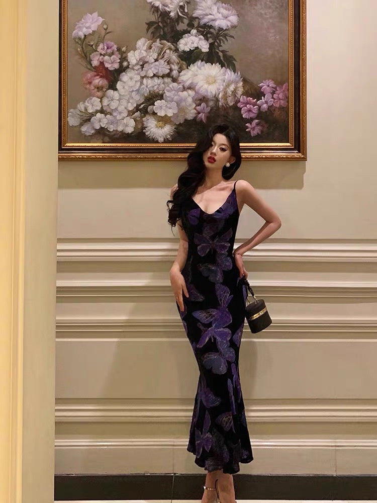 Sexy Sheath Spaghetti Straps Floral Grape Butterfly Fold Long Prom Dresses Birthday Outfits - View 3 | VelvetHem