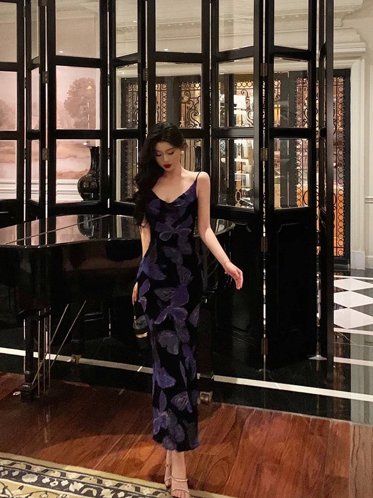 Sexy Sheath Spaghetti Straps Floral Grape Butterfly Fold Long Prom Dresses Birthday Outfits - View 5 | VelvetHem