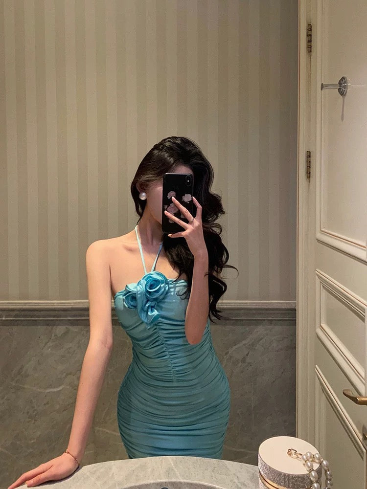 Sexy Sheath Halter Blue Fold Long Prom Dresses Birthday Outfits - View 2 | VelvetHem