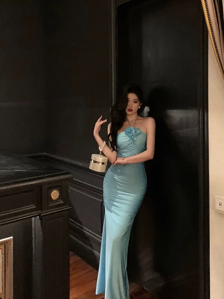 Sexy Sheath Halter Blue Fold Long Prom Dresses Birthday Outfits - View 3 | VelvetHem