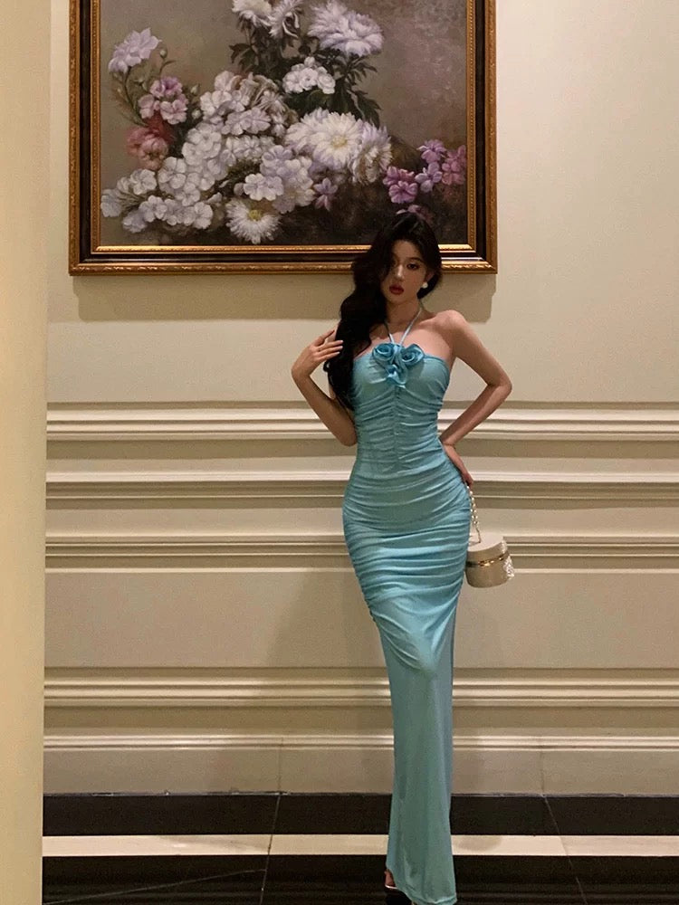 Sexy Sheath Halter Blue Fold Long Prom Dresses Birthday Outfits - View 5 | VelvetHem