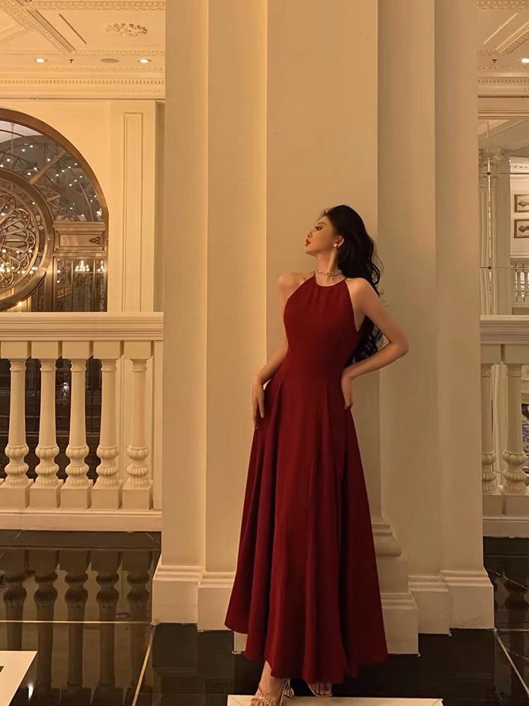 Sexy A Line Boat Neckline Sleeveless Burgundy Ankle Length Prom Dresses Birthday Outfits - View 4 | VelvetHem