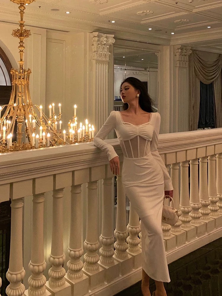Sexy Sheath Long Sleeves White Tea Length Prom Dresses Birthday Outfits