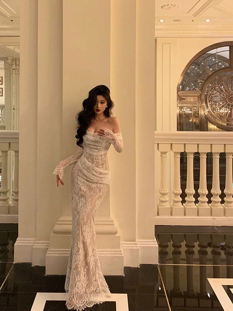 Gorgeous Mermaid Off The Shoulder Long Sleeves Date Night Dress White Prom Dresses Birthday Outfits