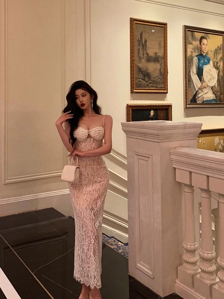 Gorgeous Mermaid Spaghetti Straps Sleeveless Date Night Dress White Lace Prom Dresses Birthday Outfits - View 5 | VelvetHem