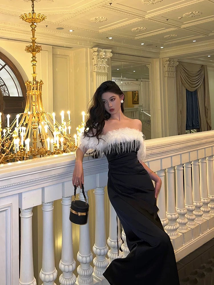Sexy Sheath Off The Shoulder Short Sleeves Black Slit Satin Prom Dresses Birthday Outfits - VelvetHem
