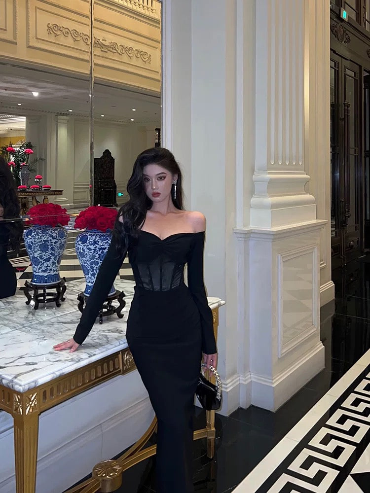 Gorgeous Mermaid Off The Shoulder Long Sleeves Date Night Dress Black Prom Dresses Birthday Outfits - View 2 | VelvetHem