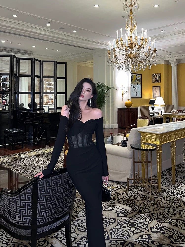 Gorgeous Mermaid Off The Shoulder Long Sleeves Date Night Dress Black Prom Dresses Birthday Outfits - View 3 | VelvetHem