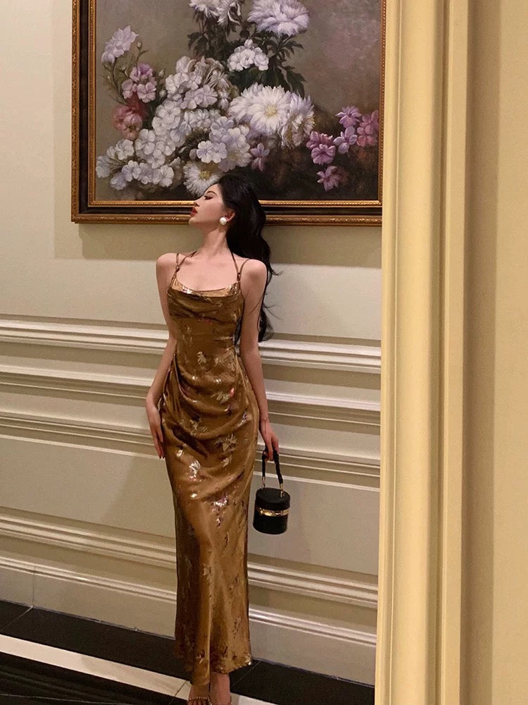 Sexy Sheath Halter Sleeveless Gold Floral Satin Prom Dresses Birthday Outfits - View 5 | VelvetHem