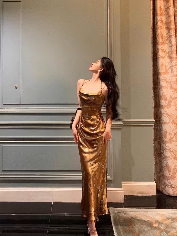 Sexy Sheath Halter Sleeveless Gold Floral Satin Prom Dresses Birthday Outfits