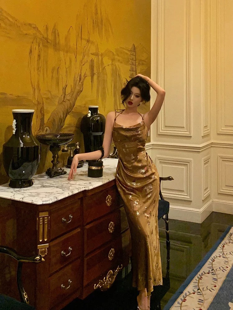 Sexy Sheath Halter Sleeveless Gold Floral Satin Prom Dresses Birthday Outfits - View 2 | VelvetHem