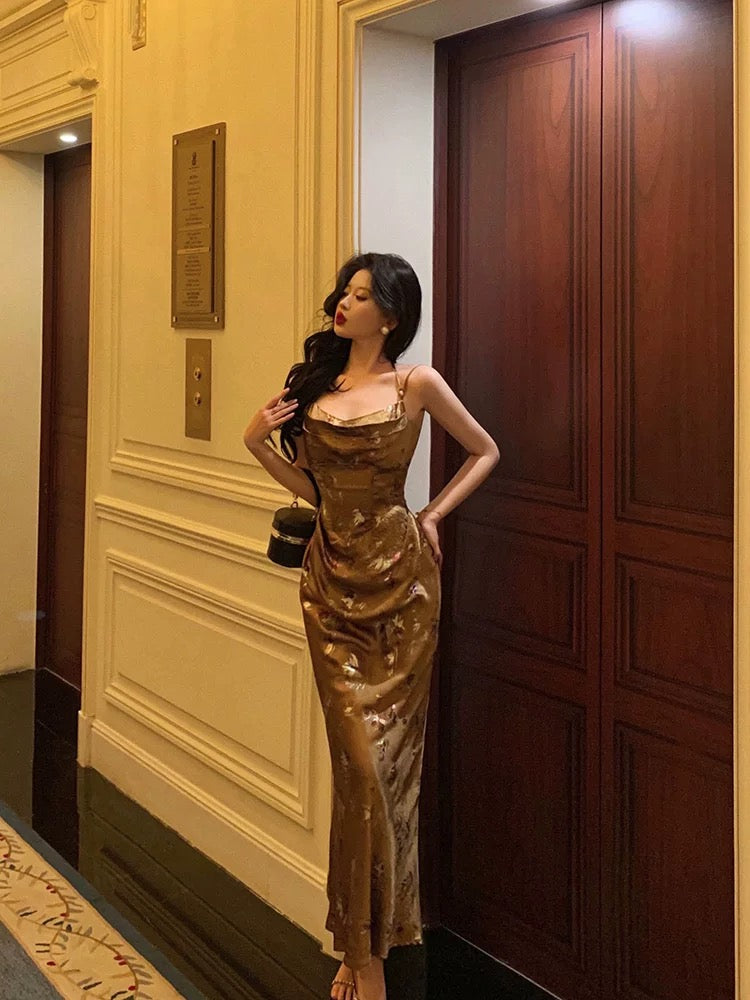 Sexy Sheath Halter Sleeveless Gold Floral Satin Prom Dresses Birthday Outfits - View 4 | VelvetHem