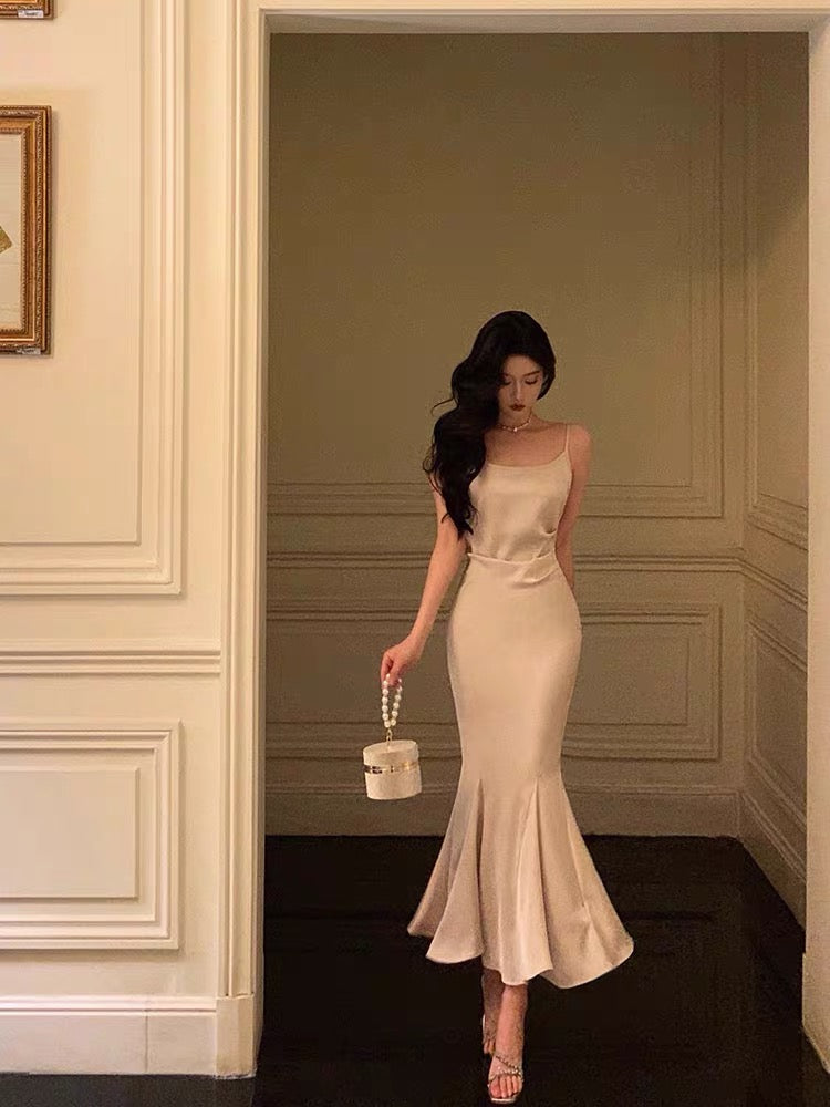 Sexy Sheath Spaghetti Straps Sleeveless Silk Satin Prom Dresses Birthday Outfits