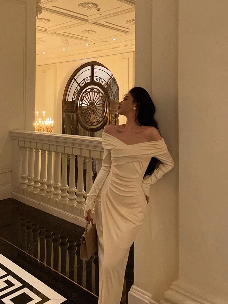 Gorgeous Mermaid Off The Shoulder Long Sleeves Date Night Dress White Prom Dresses Birthday Outfits - View 3 | VelvetHem