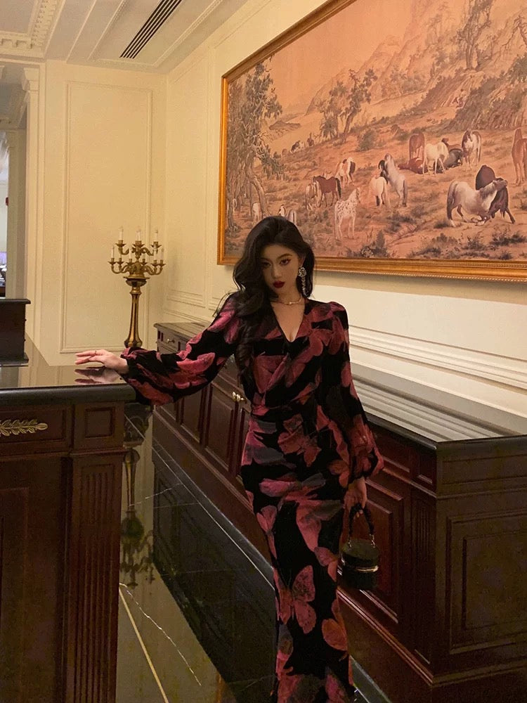 Classy Mermaid V Neckline Long Sleeves Black Velvet Pink Butterfly Prom Dresses Birthday Outfits