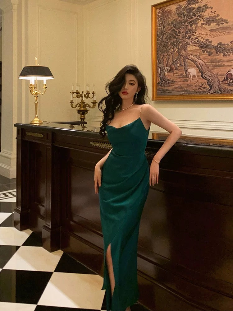Sexy Sheath Spaghetti Straps Dark Green Satin Slit Prom Dresses Birthday Outfits - View 5 | VelvetHem
