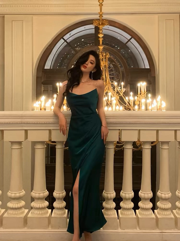 Sexy Sheath Spaghetti Straps Dark Green Satin Slit Prom Dresses Birthday Outfits