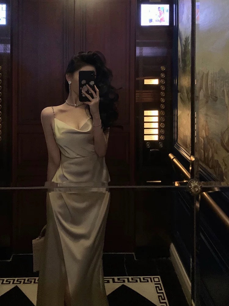 Sexy Sheath Spaghetti Straps Champagne Slit Prom Dresses Long Birthday Outfit