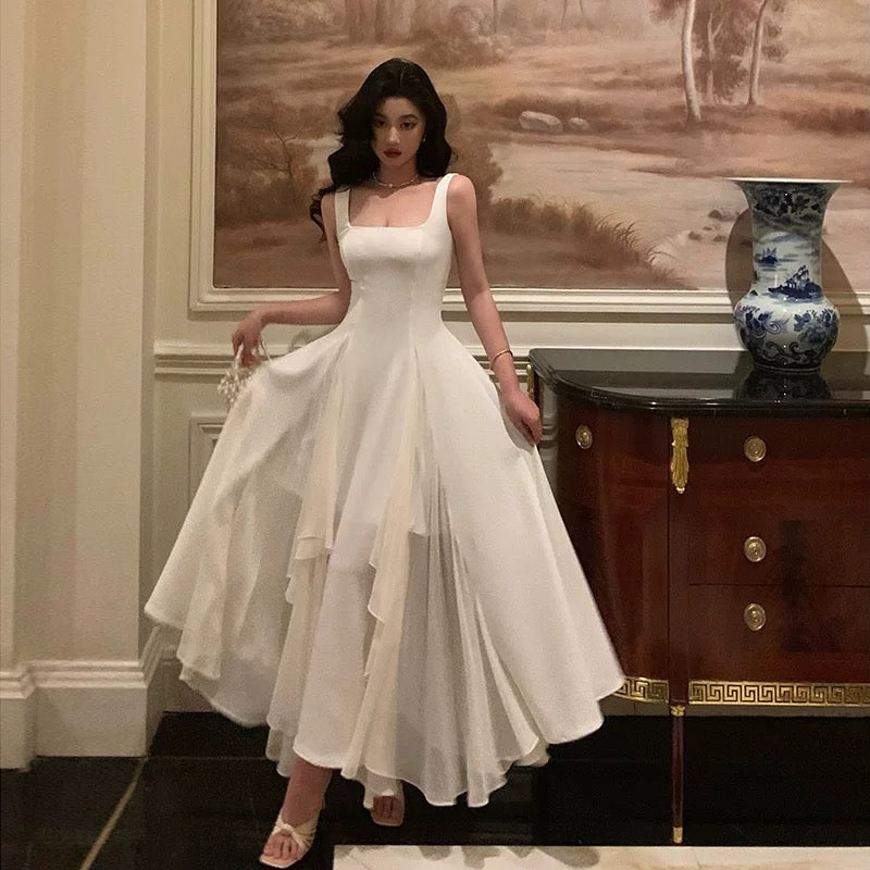 Gorgeous A line Square Neckline Sleeveless White Date Night Dress Prom Dresses Birthday Outfits - View 4 | VelvetHem
