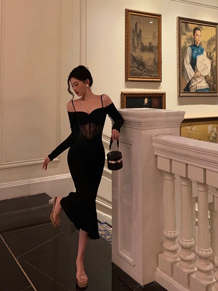 Sexy Sheath Off The Shoulder Long Sleeves Black Tea Length Prom Dresses Birthday Outfits - View 3 | VelvetHem