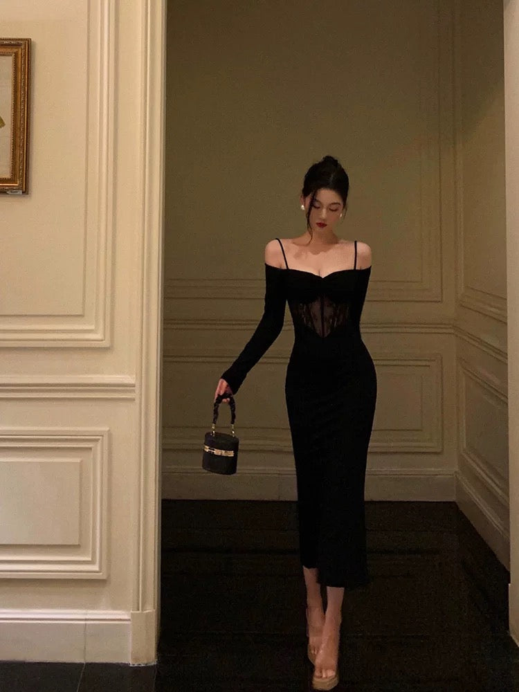 Sexy Sheath Off The Shoulder Long Sleeves Black Tea Length Prom Dresses Birthday Outfits - View 5 | VelvetHem