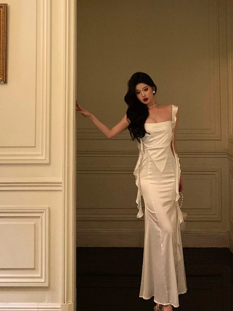 Sexy Sheath Straps White Satin Long Prom Dresses Birthday Outfit - VelvetHem