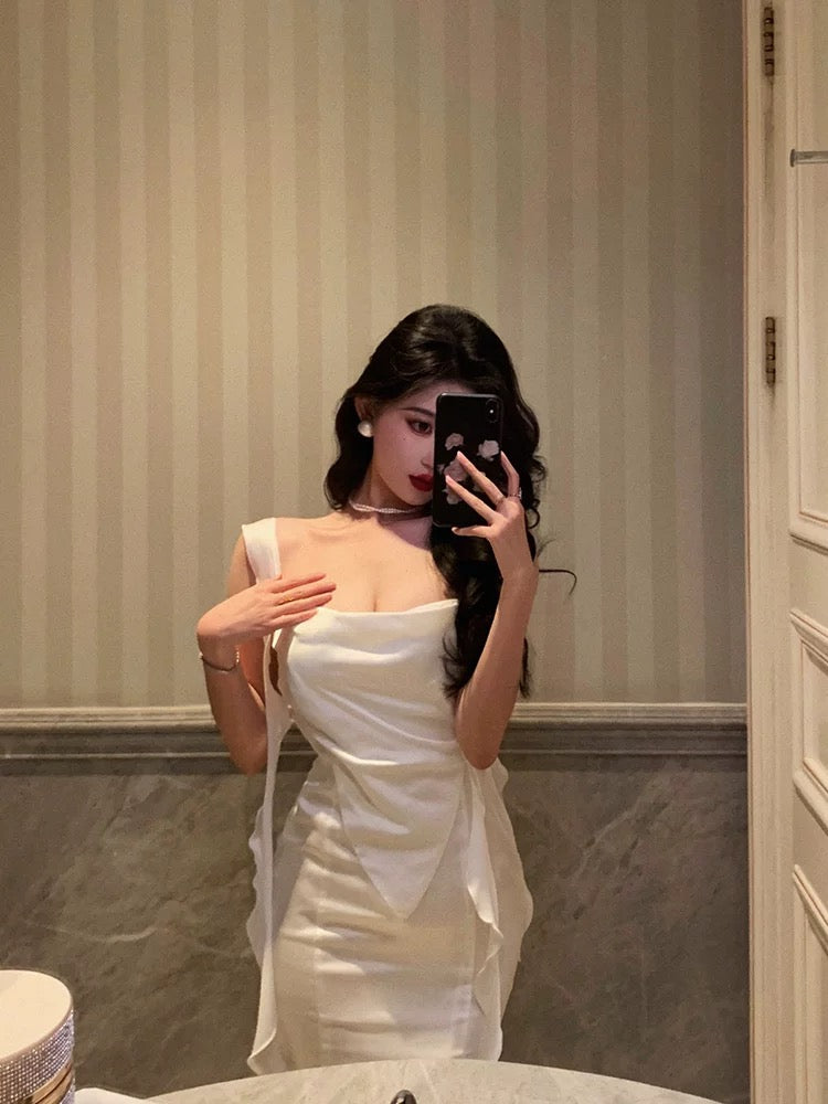 Sexy Sheath Straps White Satin Long Prom Dresses Birthday Outfit