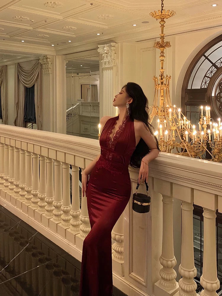 Gorgeous Sheath Halter Burgundy Sleeveless Lace Date Night Dress Prom Dresses Birthday Outfit - View 5 | VelvetHem