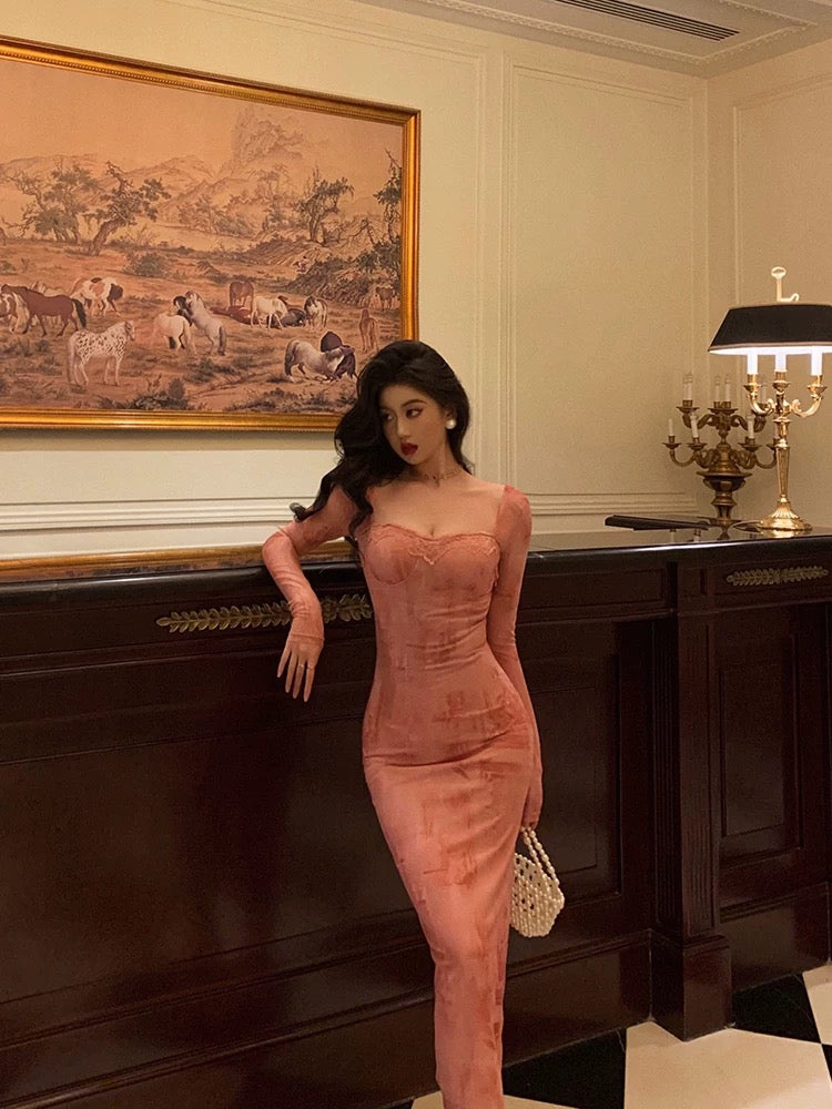 French Sheath Square Neckline Long Sleeves Pink Lace Prom Dresses Birthday Outfits