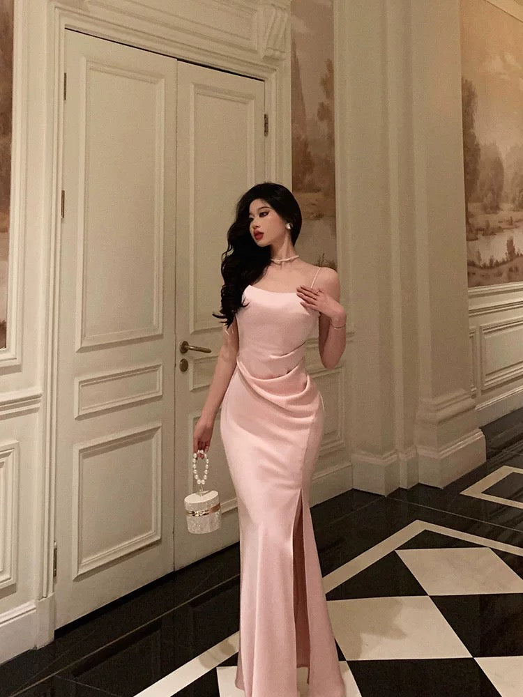 Gorgeous Sheath Spaghetti Straps Long Pink Slit Satin Date Night Dress Prom Dresses Birthday Outfit
