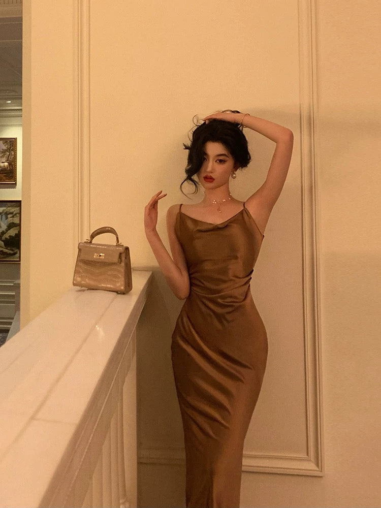 Sexy Sheath Spaghetti Straps Brown Satin Tea Length Slit Prom Dresses Birthday Outfit