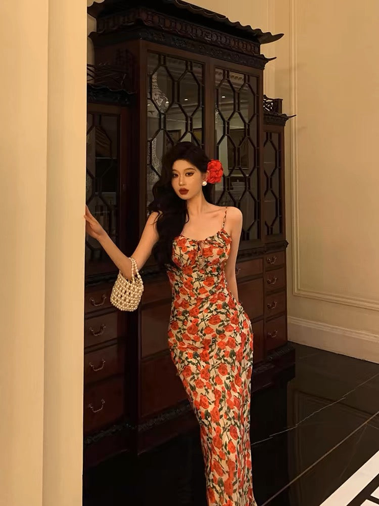 French Sheath Spaghetti Straps Floral Prom Dresses Birthday Outfits Evening Gown
