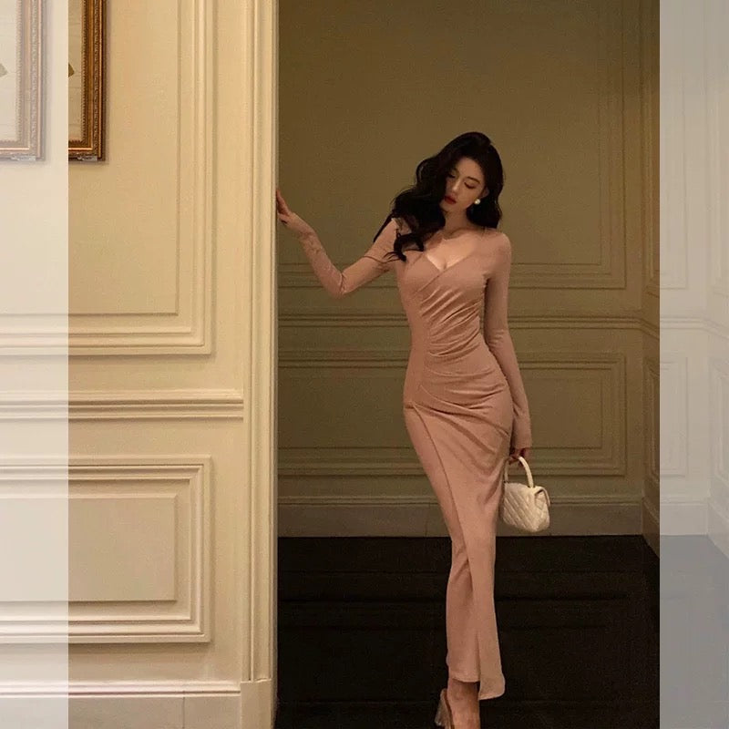 Pretty Sheath V Neckline Long Sleeves Pink Prom Dresses Birthday Outfits Evening Gown - View 2 | VelvetHem